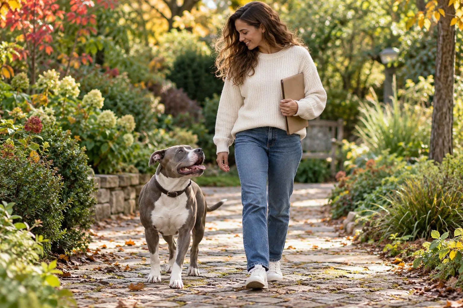 Owner walking a gray dog through a green garden